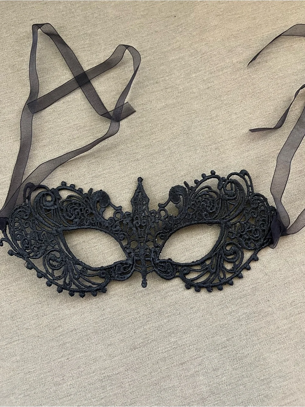 Black Lace Venetian Eye Mask with Sheer Ribbon Ties